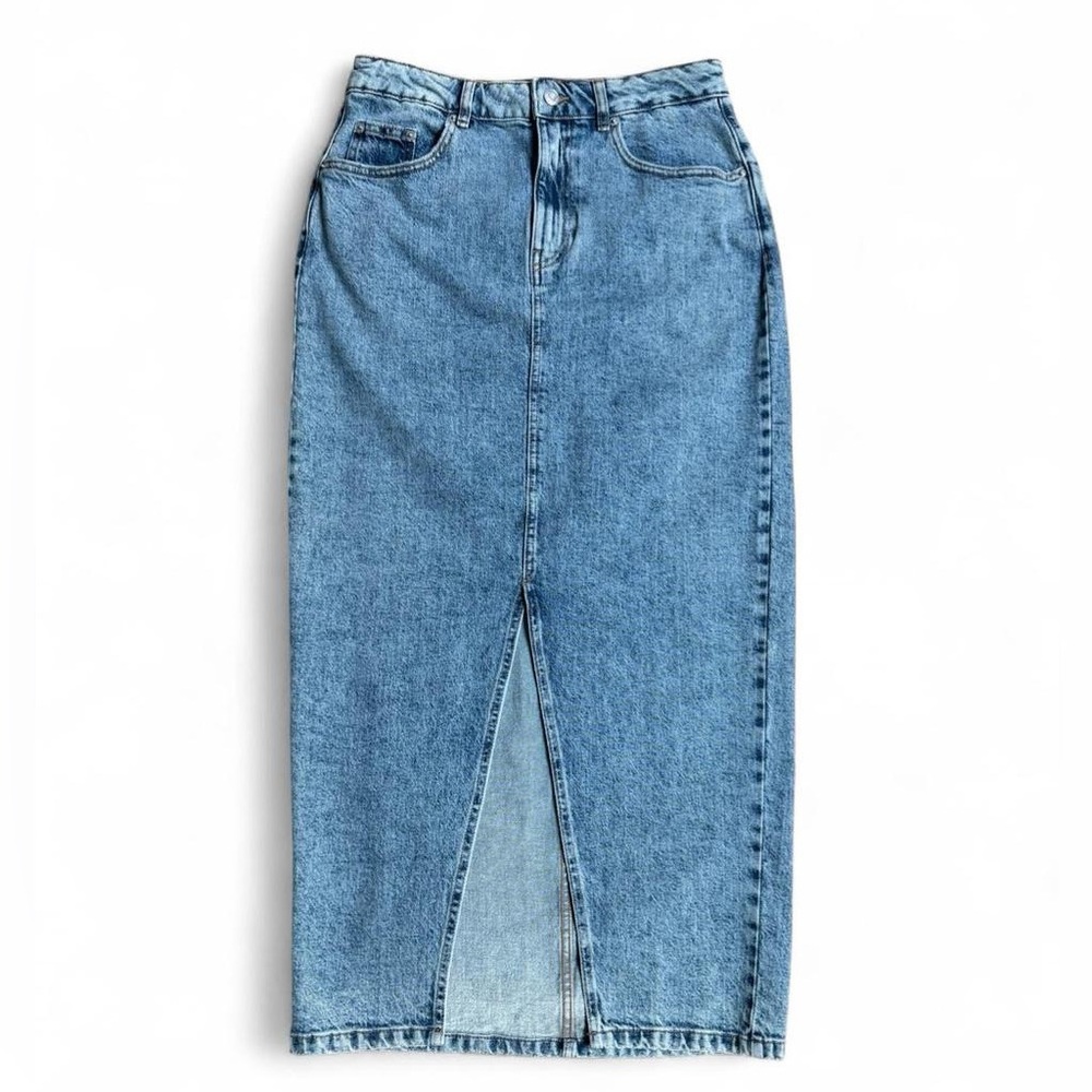 ASOS Design Denim Maxi Skirt Acid Wash Front Slit Jean Skirt Size 8